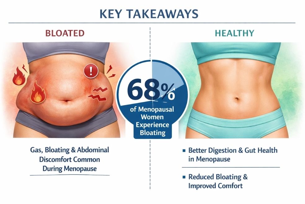 Split-screen visual with side-by-side comparison of bloated vs. healthy menopausal woman's abdomen.