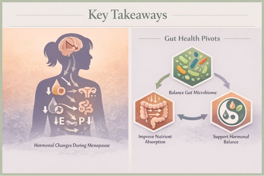 Key Takeaways section infographic: Split-screen visual with female silhouette on left side showing hormonal transformation during menopause, right side featuring three interconnected hexagonal icons representing gut health pivots.