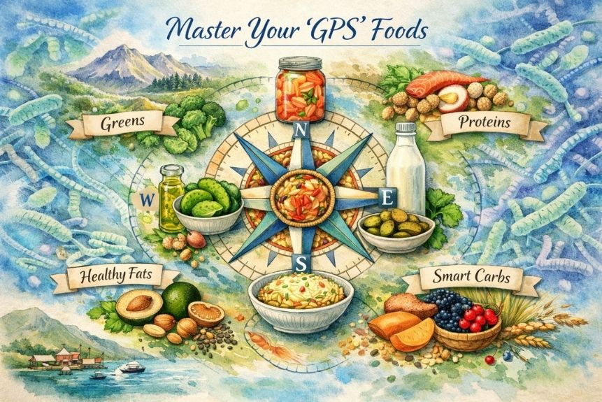 Detailed botanical illustration featuring colorful, nutrient-dense foods arranged like a navigational map. Central compass rose made from probiotic-rich ingredients like kimchi, kefir, and fermented vegetables.