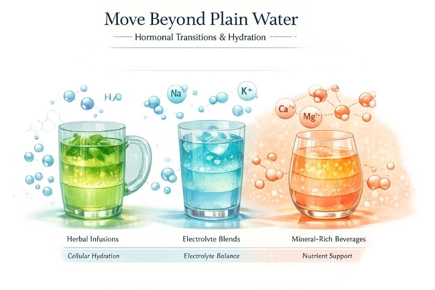 Hydration visualization showing multiple glass vessels with layered, translucent liquid compositions. Each glass represents different functional hydration strategies: herbal infusions, electrolyte blends, and mineral-rich beverages.