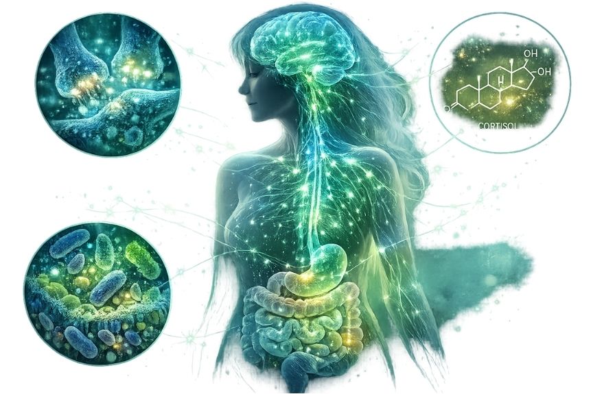Neurological mapping illustration showing intricate neural pathways connecting brain and digestive system. Female silhouette with transparent nervous and digestive systems, highlighted neural connections in soft bioluminescent blues and greens.