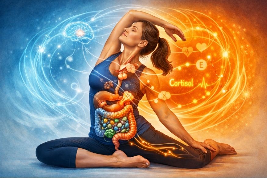 Dynamic body movement illustration showing female figure in yoga/stretching pose. Internal anatomical view revealing gut microbiome, hormone pathways, and stress response systems.