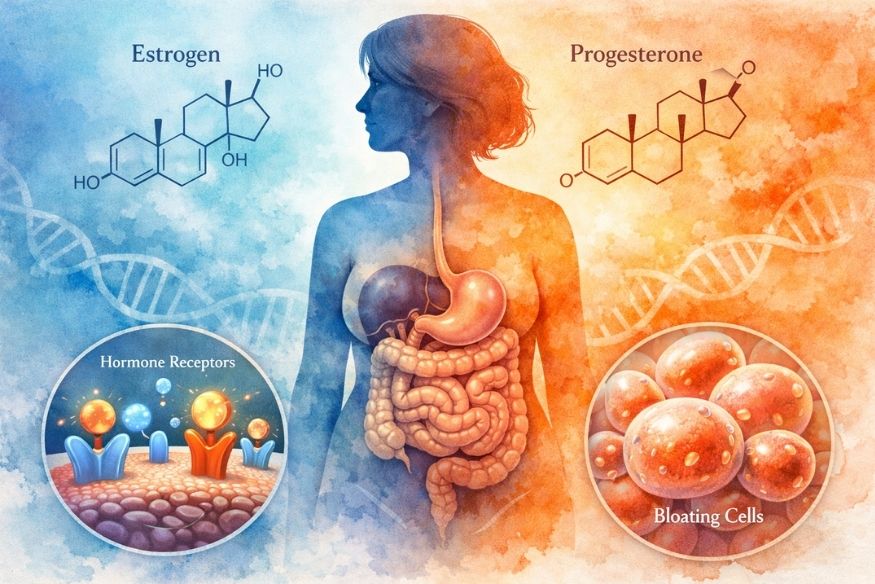 Dramatic hormonal landscape illustration showing estrogen and progesterone molecular structures transforming across a stylized female body silhouette.